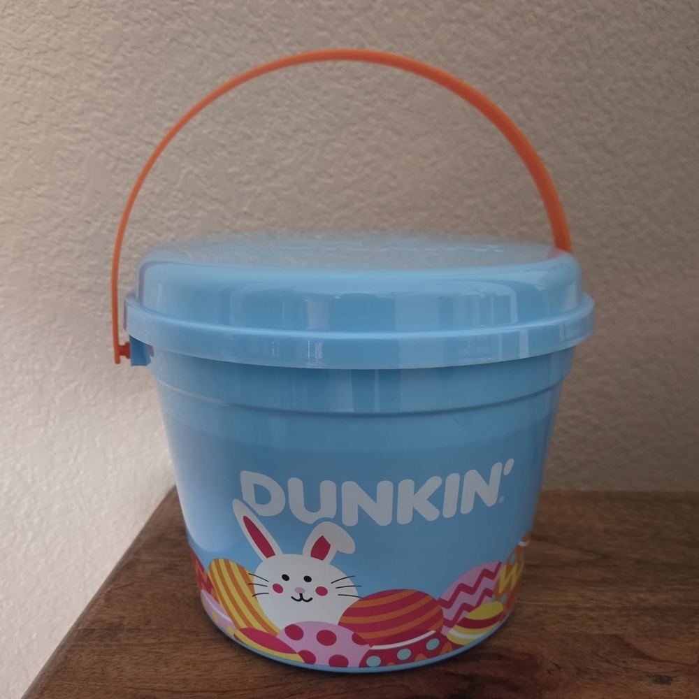 Dunkin' Donuts Spring 2025 Blue Pladtic Bucket with Handle - Bunny, Chick & Eggs